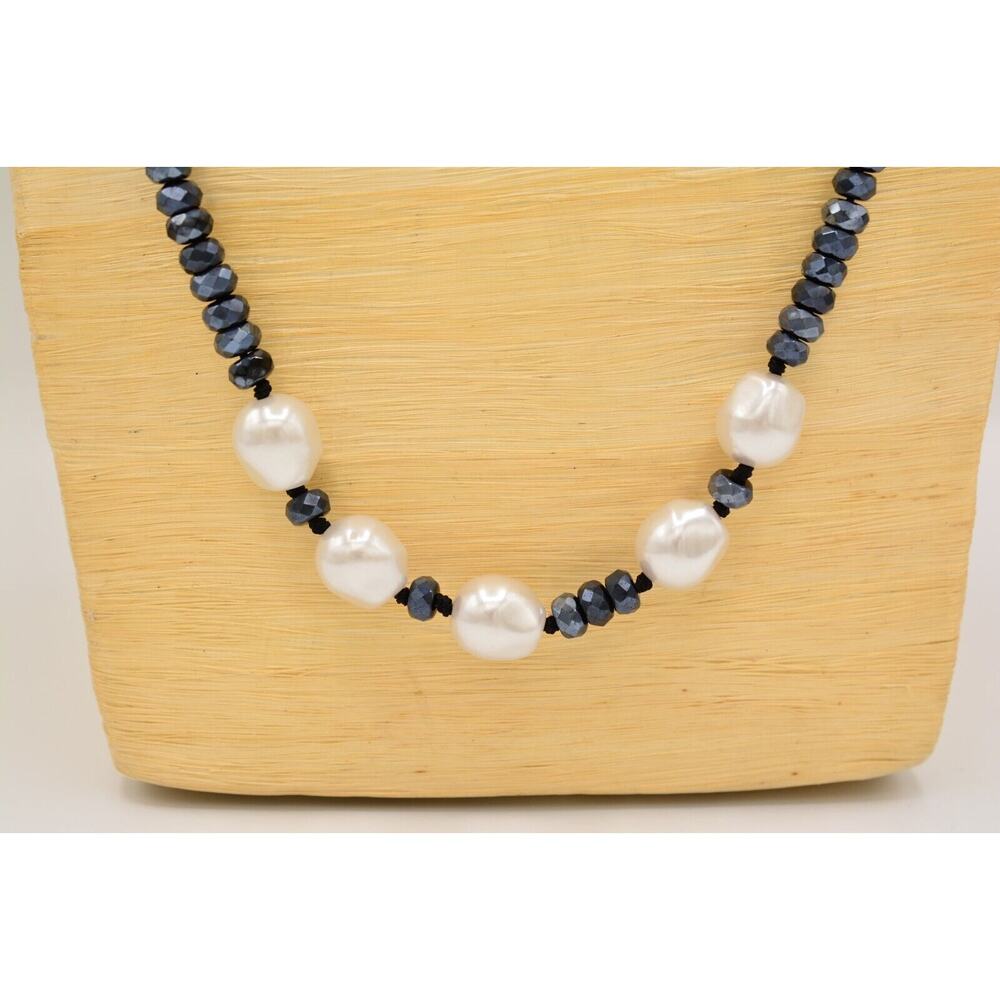 Nolan Miller Vintage Crystal Necklace Faux Pearl Gunmetal Beaded Signed Bin4A